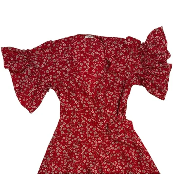 Max Studio Red Floral Ruffle Sleeve Wrap Dress - Picture 3 of 6